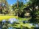 Calm pond surrounded by tropical plants, reflecting the sky above at 216 Springside Rd, Longwood, FL 32779