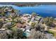 Picturesque aerial showcasing the property's prime lakefront location with clear blue waters and luxury neighborhood at 215 Nob Hill Cir, Longwood, FL 32779