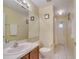 Bright bathroom featuring a vanity with a sink, toilet, mirror, and a walk-in shower at 1739 Nectarine Trl, Clermont, FL 34714