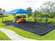 Community playground with swings, a slide, and benches under a blue shade structure at 5591 Maddie Dr, Haines City, FL 33844