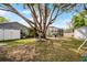 Spacious backyard featuring a large tree, screened-in patio, shed, and well-maintained lawn at 9729 Heatherwood Ct, Orlando, FL 32825