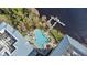 Aerial view of the community pool and lake, showing the beautiful landscaping at 13415 Blue Heron Beach Dr # 610, Orlando, FL 32821