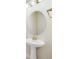 Pedestal sink and round mirror in the powder room at 15088 Night Heron Dr, Winter Garden, FL 34787