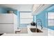 Well-lit kitchen featuring white countertops, modern appliances, and blue accent walls at 140 Coco Plum, Davenport, FL 33897