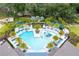 Aerial view of community pool surrounded by palm trees, lounge chairs, and lush landscaping at 2613 Santosh Cv, Kissimmee, FL 34746