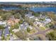 Aerial view of a neighborhood near a lake, showcasing lush greenery and diverse rooftops at 501 Sheridan Blvd, Orlando, FL 32804