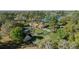 Scenic aerial view of a home, lake, and outbuildings nestled among mature trees at 5203 Pineview Way, Apopka, FL 32703