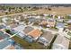 A panoramic aerial view highlights a residential community with screened pools and manicured lawns at 130 Bloomingdale Dr, Davenport, FL 33897