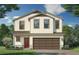 Charming two-story home with vertical siding, a two-car garage, and a welcoming red front door at 3165 Cup Dr, Lakeland, FL 33803