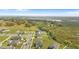 Wide angle aerial shot of the neighborhood showcasing lush green landscaping, sidewalks, and a nearby lake in the distance at 16413 Bloom Ct, Groveland, FL 34736