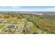 Wide angle aerial shot of the neighborhood showcasing lush green landscaping, sidewalks, and a nearby lake in the distance at 16413 Bloom Ct, Groveland, FL 34736