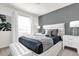 Modern bedroom with white bench, white furniture, and stylish navy and grey accents at 3962 Lana Ave, Davenport, FL 33897