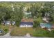 Aerial shot of a cozy home with a gray roof and green lawn, surrounded by mature trees in a quiet neighborhood at 5045 Se 148Th St, Summerfield, FL 34491