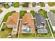 Aerial view showcases the backyard pools and well-maintained landscaping in a vibrant residential neighborhood at 131 Sonja Cir # 1, Davenport, FL 33897