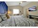 Comfortable bedroom with a blue accent wall, cozy bedding, TV, desk, and a serene window seating area at 131 Sonja Cir # 1, Davenport, FL 33897