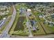 Aerial view of community buildings, water feature, parking, and surrounding homes at 702 Pelican Ct, Kissimmee, FL 34759