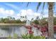 Beautiful view of a pond with a fountain, framed by palm trees and vibrant foliage, enhancing the community's appeal at 4849 Cypress Woods Dr # 1308, Orlando, FL 32811