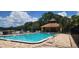 Outdoor community pool with lounge chairs, a covered pavilion, and a lake view at 658 Olympic Dr, Ocoee, FL 34761