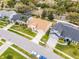 Aerial view of a neighborhood showcasing well-maintained homes, green lawns, and tree-lined streets at 13506 Crystal River Dr, Orlando, FL 32828