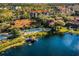 Scenic aerial view of a community with lake access, a pool, and lush landscaping at 3154 Yellow Lantana Ln, Kissimmee, FL 34747