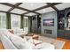 Spacious living room showcasing wooden floors, coffered ceilings, and a fireplace at 3308 Middlesex Rd, Orlando, FL 32803