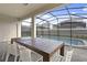 Covered outdoor patio featuring a wooden table and chairs overlooking the screened in pool area at 2217 Lelani Cir, Davenport, FL 33897