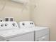 Bright laundry room with a white washer and dryer, and wire shelving above them at 2221 Lelani Cir, Davenport, FL 33897