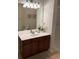 A clean bathroom with a dark wood vanity, neutral countertop, and decorative plants at 4024 Breakview Dr # 10804, Orlando, FL 32819