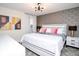 Modern bedroom with geometric accent wall, nightstands, lamps, and king-size bed with neutral bedding at 8824 Cruden Bay Ct, Davenport, FL 33896