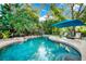 Beautiful backyard featuring a freeform pool, surrounding lush greenery, and an umbrella with lounge chairs at 3518 Edlingham Ct, Belle Isle, FL 32812