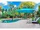 A tranquil pool area showcasing lush landscaping, a large sun umbrella, and comfortable lounge chairs at 3518 Edlingham Ct, Belle Isle, FL 32812