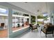Relaxing screened-in back porch with comfortable seating and view of backyard with a hot tub and lush greenery at 625 Worthington Dr, Winter Park, FL 32789