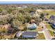 An aerial view looking down at the light blue house, detached garage and backyard landscaping at 1112 W Line St, Leesburg, FL 34748