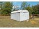 Metal shed surrounded by trees and a wood fence in the backyard at 25 Maple Crse, Ocklawaha, FL 32179