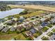 This aerial real estate view showcases a neighborhood with well-kept yards, homes, and nearby lake at 9518 Lynwood St, Clermont, FL 34711