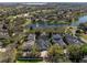 Picturesque aerial view of homes backing onto a tranquil pond with a fountain, surrounded by mature trees at 11237 Camden Park Dr, Windermere, FL 34786