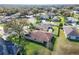 Aerial view of backyard with fence, shed, and mature trees in a residential neighborhood at 32107 Spring Meadow Ct., Sorrento, FL 32776