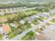 An aerial view of the neighborhood highlights the home with a new gray roof surrounded by mature trees and the well-manicured lawn at 116 Douglas St, Edgewater, FL 32141