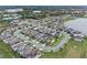 An aerial view of a neighborhood with well-maintained lawns, a pond, and a row of modern homes at 1380 Patterson Ter, Lake Mary, FL 32746
