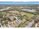 An aerial view showcasing the neighborhood's pond, lush landscaping, and beautiful homes at 25239 Cranes Roost Cir, Leesburg, FL 34748