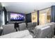 Home theater with multiple recliners, flat screen tv, and dark curtains for a private viewing experience at 5251 Wildwood Way, Davenport, FL 33837