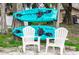 Waterfront property with two kayaks, two white chairs, and beautiful landscaping at 5584 N Dean Rd, Orlando, FL 32817