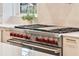 Close-up of a high-end kitchen range, which features a stainless steel finish and red knobs at 900 W Plant St, Winter Garden, FL 34787