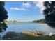 Peaceful lake view with a white chair on the lawn to enjoy the nature and the blue sky at 1400 Tedford St, Eustis, FL 32726