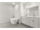 Modern bathroom features a soaking tub and double sink vanity, illuminated by contemporary lighting, for a luxurious feel at 3995 Sw 151 Street, Ocala, FL 34473