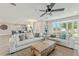 Bright and airy living room features neutral tones, a ceiling fan, and large bay windows at 716 Palm Circle Dr, Port Orange, FL 32127