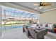 Relaxing screened-in porch with outdoor seating, a ceiling fan, and a view of the pool and backyard at 5269 Red Coral Cir, Mount Dora, FL 32757