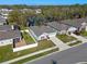 A high angle street view of the home with the lake in the background and a sidewalk in the front at 5315 Meadow Song Dr, Okahumpka, FL 34762