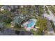 Aerial view of community pool with clubhouse, palm trees, and lake views at 3050 Pirates Retreat Ct # 402, Kissimmee, FL 34747