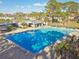 Aerial view of a large, rectangular swimming pool with clear blue water, surrounded by palm trees and lounge chairs at 4353 Shadow Crest Pl # 3, Orlando, FL 32811